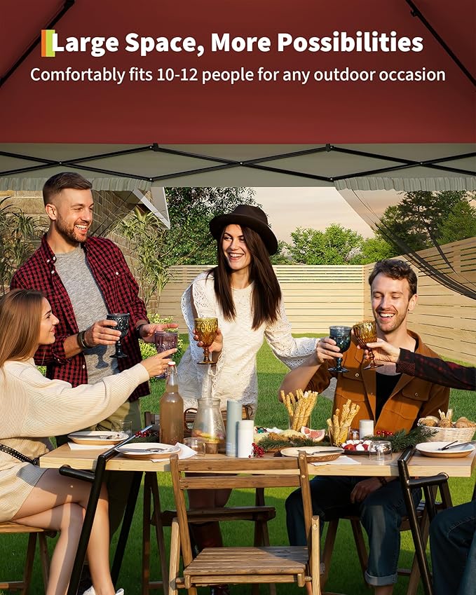 Canopy Tent 12x12 ft, Pop Up Gazebo One-Push Setup with 4 SandBags for Backyard Parties and BBQs, Mosquito Netting & Height Adjustable - Red