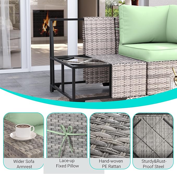 16-Piece Outdoor Patio Furniture Set with Rocking Swivel Chair, PE Wicker Rattan Sectional Sofa Patio Conversation Set with 55,000 BTU Fire Pit Table & Coffee Table, Light Green