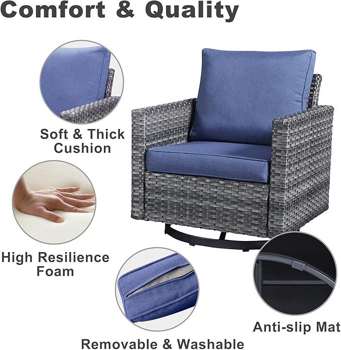 Belord Wicker Patio Furniture 5 Piece Outdoor Sofa Set, Oversize Outdoor Swivel Rocker Chairs with Rattan Ottomans, Conversation Sets Patio Furniture Come with Removable Washable Cushion Blue
