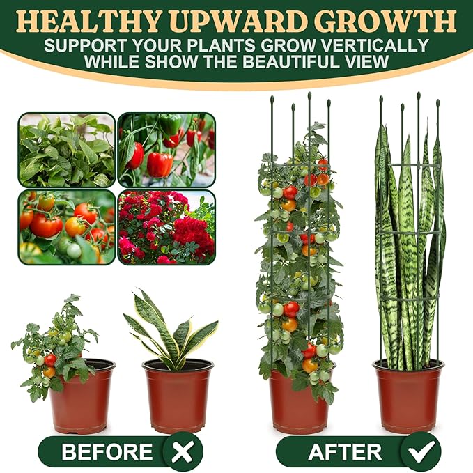 Round Heavy Duty Tomato Cage - 55 Inch Steel Core Plastic Coated Garden Trellis, 4-Post Rustproof Plant Support for Tomato/Cucumber/Beans, No Tools Snap Assembly, Spare Parts Available