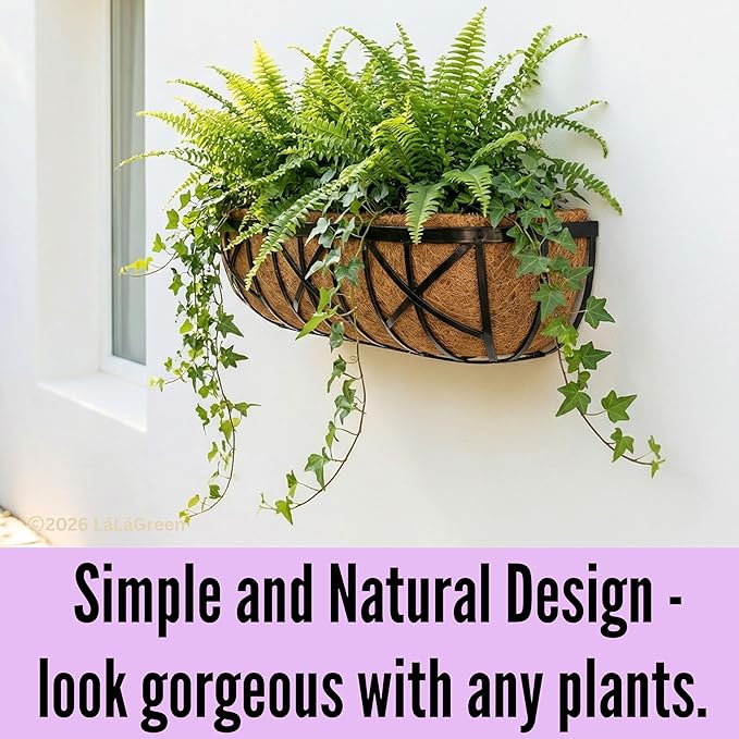 LaLaGreen 36 Inch, 2 Pack Window Boxes Planters – Large Black Metal Window Boxes for Outdoor Plant, Wall Mount Flower Pot with Coco Liner, Attach to House Fence Balcony Herb for Patio Porch Garden