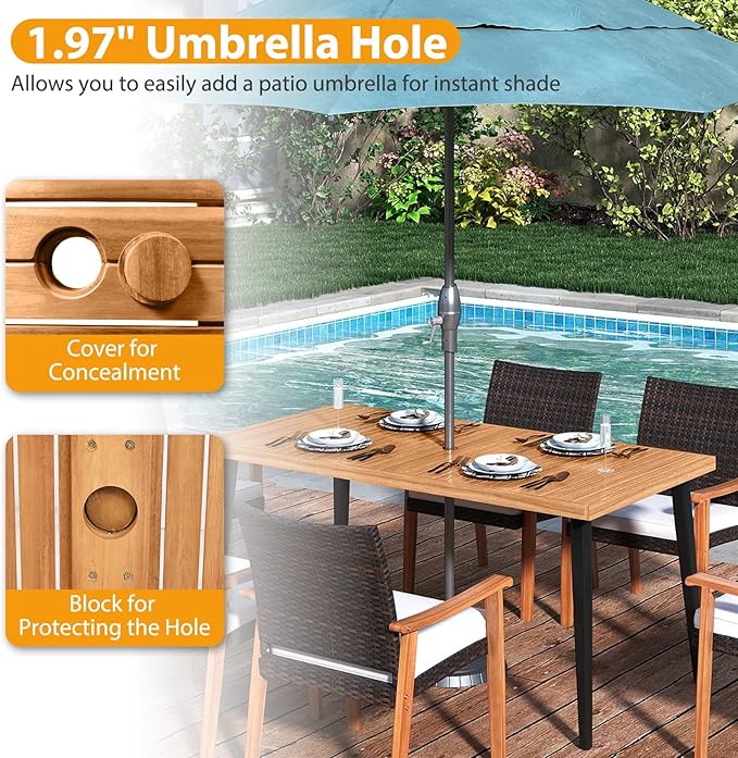 Tangkula 63" Acacia Wood Patio Dining Table for 6, Outdoor Dining Table with 1.97" Umbrella Hole & Metal Legs & Adjustable Foot Pads, Rectangular 6-Person Outside Table for Garden, Poolside & Backyard
