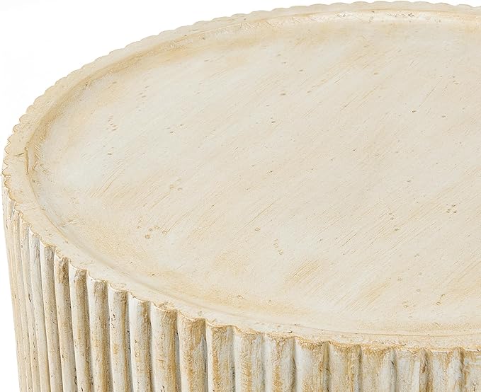 Christopher Knight Home Yunara 17" H Lightweight Concrete End Table with Stunning Fluted Design, Indoor Outdoor Accent Side Table, Travertine Effect Round Coffee Table, No Assembly, Natural