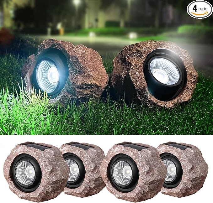 4 Pack Solar Rock Lights Outdoor, Angle Adjustable Solar Lights Outdoor Waterproof, LED Solar Garden Lights, Auto On/Off Landscape Lighting for Yard Pathway Patio Flower Bed - White Glow (Stone Brown)