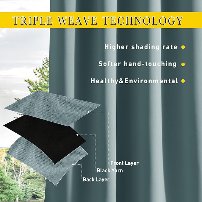 NICETOWN 2 Panels Waterproof Outdoor Curtains Fixed Grommet & Back Tab on Top & Bottom, Thermal Insulated Keep Rain & Sun Out Privacy Windproof Outdoor Draperies with Rope, W52 x L72, Greyish Blue
