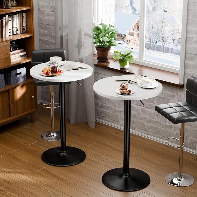 Flamaker Round Bistro Pub Table 23.6 Inch Height Adjustable 360° Swivel Bar Table Metal Base for Pub, Dining Room, Party (2, White-Black)