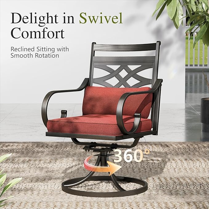 Sophia and William Outdoor Patio Dining Set for 6, Outdoor Table and Chairs, Removable Red Seat Cushions, 4 Fixed，2 Swivel Chairs, 60" Black Patio Dining Table,Red