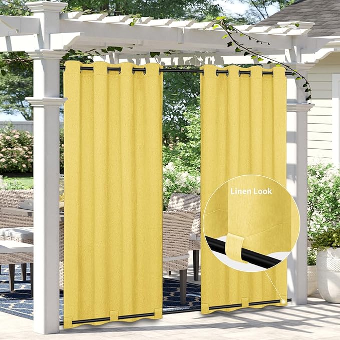 Easy-Going Linen Look Outdoor Curtains Waterproof Windproof Porch Curtains, Soft Thicken Outdoor Privacy Curtains for Patio, Gazebo, Grommet Top and Tab Bottom Drape, 1 Panel, 54x108 inch, Yellow