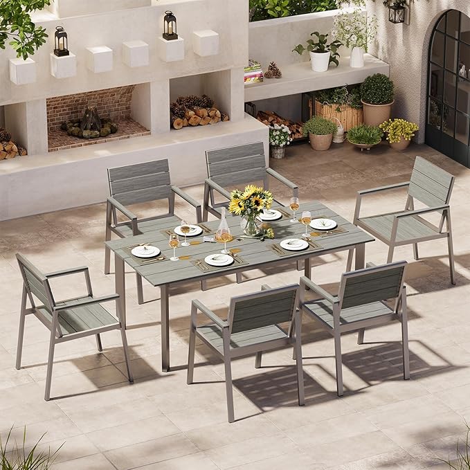 67" Rectangle HDPS Patio Dining Table, Aluminum Outdoor Patio Dining Table with Umbrella Hole, Weather-Resistant for Lawn, Garden, Yard, Poolside and Indoor Use (Gray & Teak)