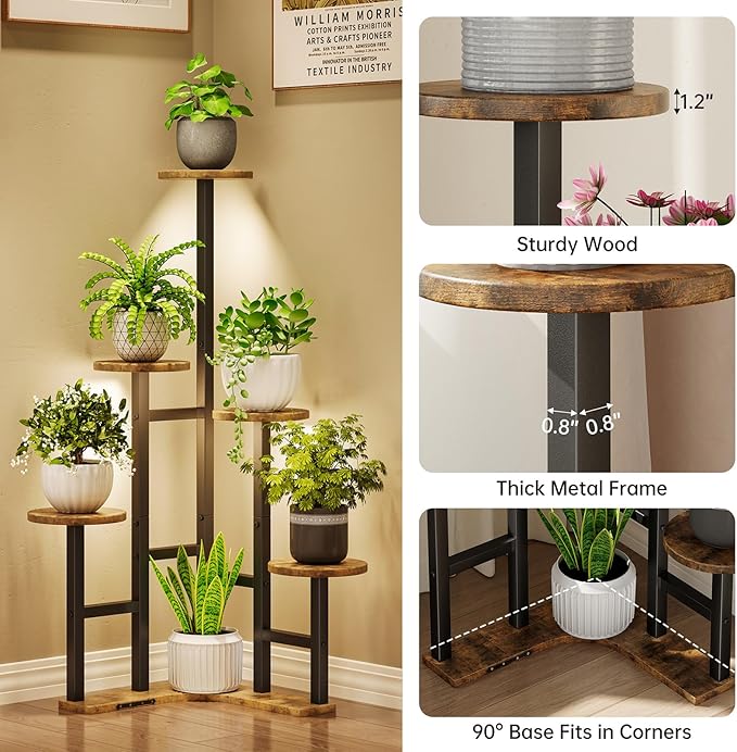 Corner Plant Stand Indoor with Grow Lights, 6 Tiered Corner Plant Shelf Flower Stand for Multiple Plants, Plant Shelves Organizer Rack for Living Room, Balcony, Patio, Round Rustic Brown