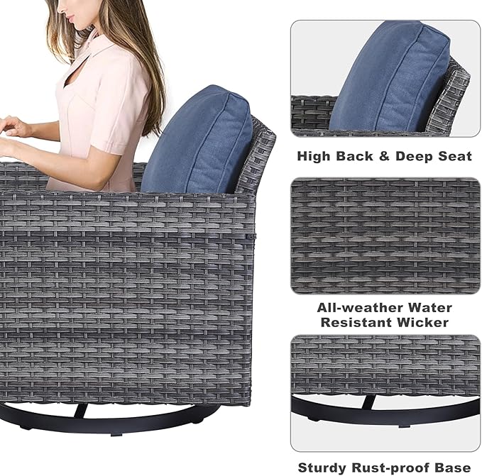 Belord 6 Piece Outdoor Furniture Patio Wicker Sofa Set, Oversize Outdoor Swivel Rocker Chairs with Rattan Ottomans, Conversation Sets Patio Furniture Come with Removable Washable Cushion Blue