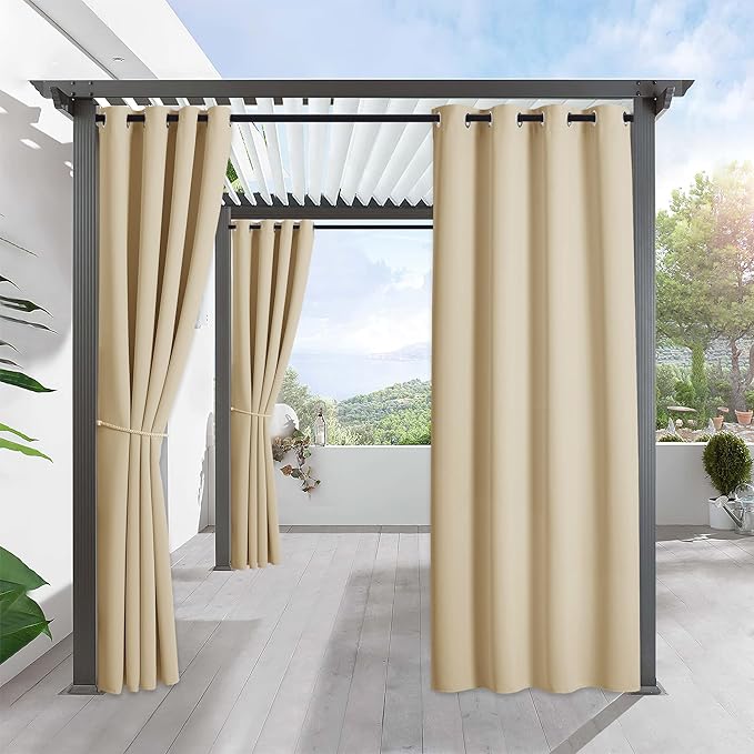 RYB Home Outdoor Curtains for Patio - Extra Long Curtains Waterproof Farmhouse Decor for Sliding Glass Door Porch Corridor Pavilion Cabana Sunroom, W 52 x L 120, 1 Pc, Biscotti Beige