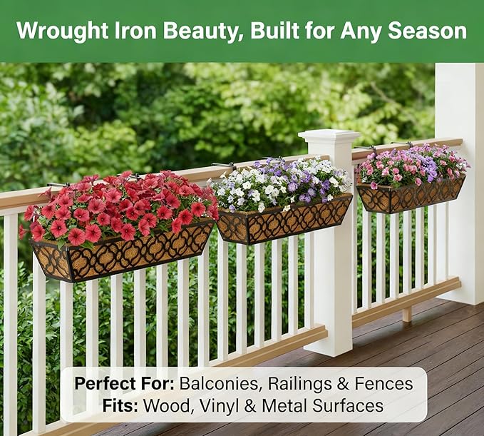 Y&M Flower Boxes for Deck Railings 24inch 4packs, Deck Railing Planter Boxes with Coir Liner Outdoor Railing Window Boxes Planters Hanging Planter Flower Box