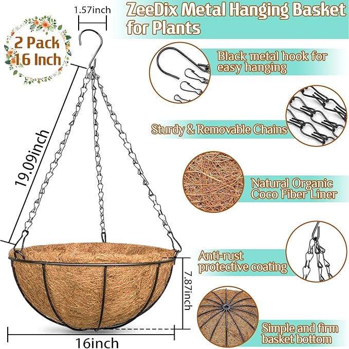 ZeeDix 2 Pack 16 Inch Large Hanging Baskets for Plants Outdoor with Coconut Liners Replacement, Hanging planters Baskets with Natural Coco Liner for Outdoor Indoor Planters Flowers Vegetables