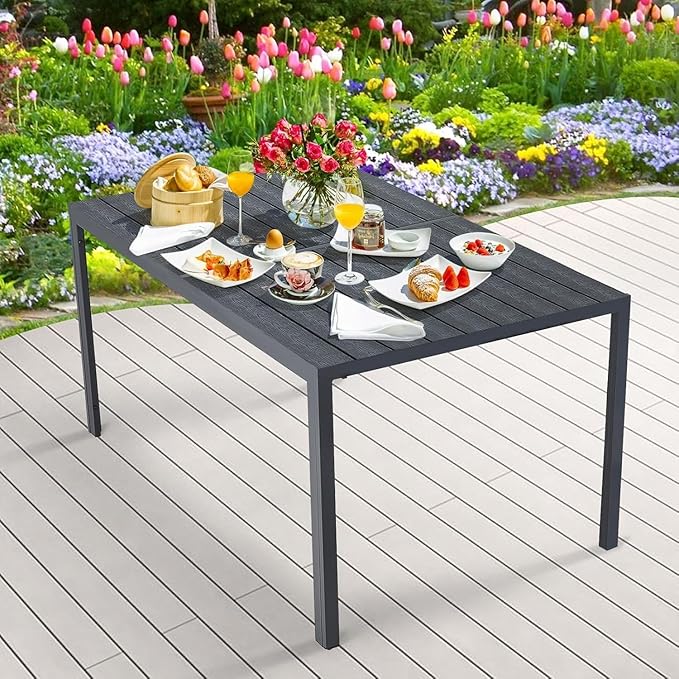 AECOJOY 60" Outdoor Dining Table, Aluminum Patio Table with Wood-Plastic Composite Tabletop,6 Seater Dining Table for Backyard Garden