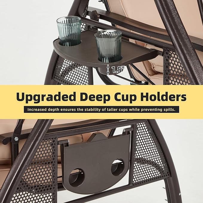 HOMREST 3 Person Outdoor Porch Swing with 1.5" Upgraded Cup Holder, Adjustable Canopy, Backrest, Patio Swing Bed with Weather Resistant Steel Frame, Cushions for Garden,Deck and Poolside(Khaki)