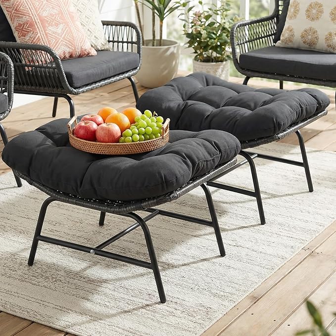 NICESOUL Indoor Outdoor Ottoman Set of 2, Large Wide Double Patio Footstool, PE Rattan Thicken Cushioned Footrest, All-Weather Wicker Furniture for Balcony, Porch, Living Room, Egg Chair, Grey