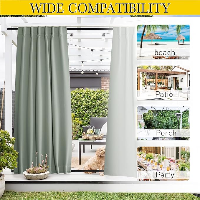 NICETOWN 2 Panels Outdoor Curtains Waterproof Pocket & Back Tab on Top & Bottom, Thermal Insulated Windproof Sun Blocking Outside Privacy Drapes for Patio with Fixed Rope, W84 x L95, Sage Green