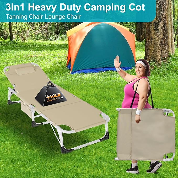 ABORON Heavy Duty Tanning Chair, Outdoor 5-Position Folding Chaise Lounge Chair with Pad, Portable Beach Lounge Chair for Outdoor Sunbathing Patio Pool Lawn Deck Poolside