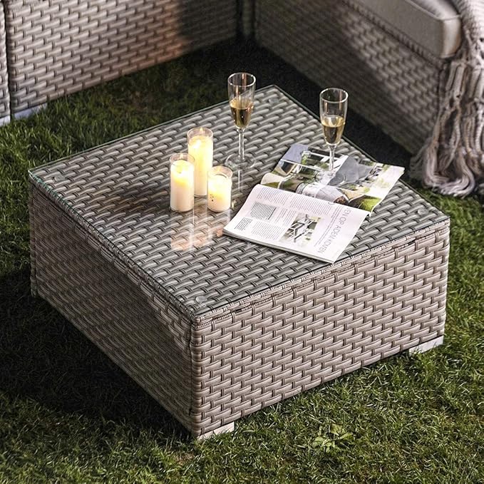 COSIEST Outdoor Furniture Warm Gray Wicker Glass-Top Coffee Table for Expanding Sectional Sofa Set for Garden, Pool, Backyard