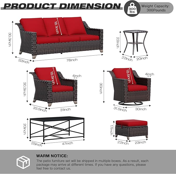 Joyside Wicker Patio Furniture Sets, 5 Pieces Upgraded Large Size Outdoor Furniture with Patio Dining Chairs, 3-Seat Sofa and Outdoor Ottoman, Thick Cushions, Wide Armrest