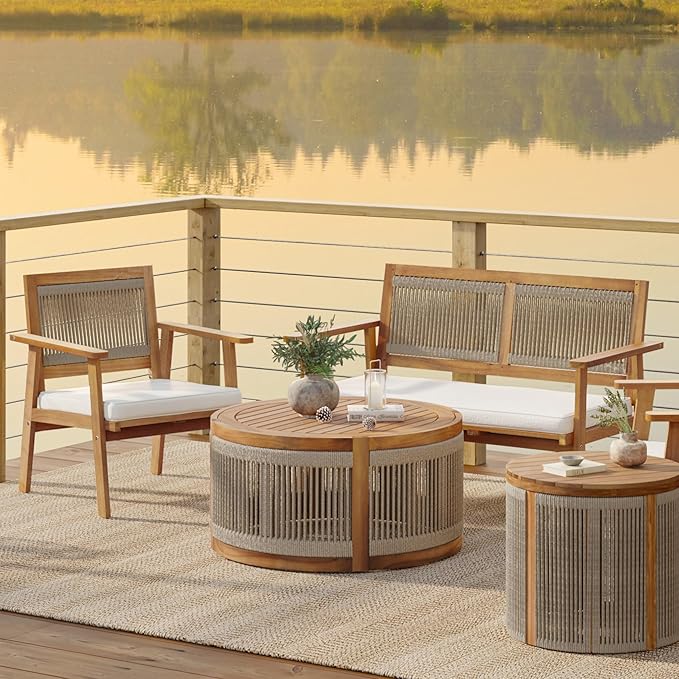 LuxenHome Outdoor Coffee Table, 31'' Acacia Wood Rope Drum Round Sides Patio Tables, Modern Farmhouse Garden Coffee Table, Outdoor Furniture for Porch, Balcony, Outside Furniture