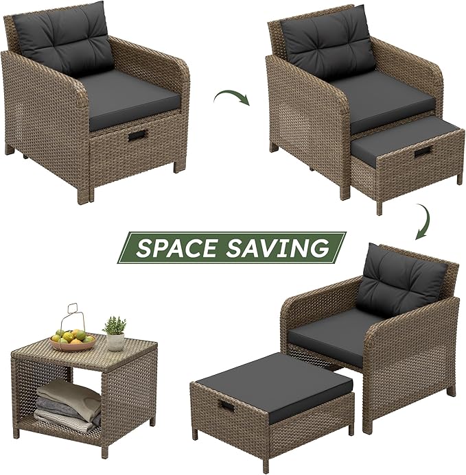 LHBcraft Outdoor Furniture 5 Piece Patio Conversation Set, PE Rattan Patio Set with Soft Cushions & Coffee Table, Outside Furniture with Hidden Ottoman for Porch, Lawn, Garden, Balcony, Black