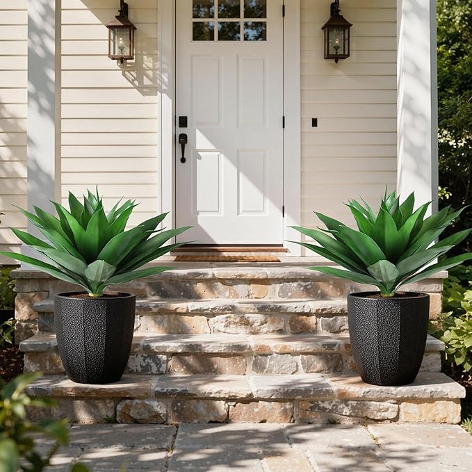 Ivydale Fake Plants 18 Inch Agave Artificial Plants Outdoor 2 PCS for Outside Decoration, Faux Greenery UV Resistant Artificial Outdoor Plants for Front Door Porch Planter Urn Patio Garden Yard(Red)