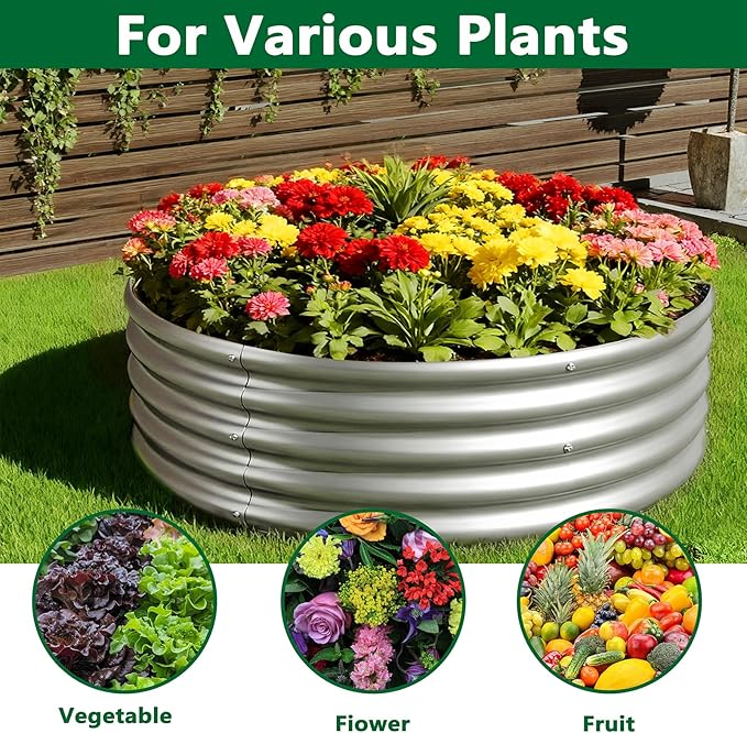 zizin 2 Pcs Round 3x3x1ft Raised Garden Bed Kit Metal Planter Box for Planting Vegetables, Silver