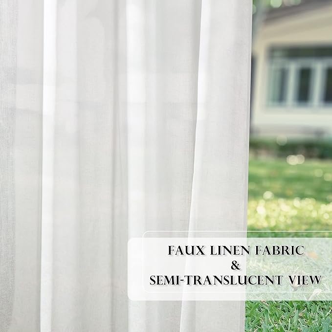 RYB HOME Linen Sheer Outdoor Curtains 84 inch Length 2 Panels Set, Lightweight Waterproof Grommet Top Burlap Linen Panels for Patio, Pergola, Porch, W52 x L84 Inch, 1 Pack with Tieback Ropes