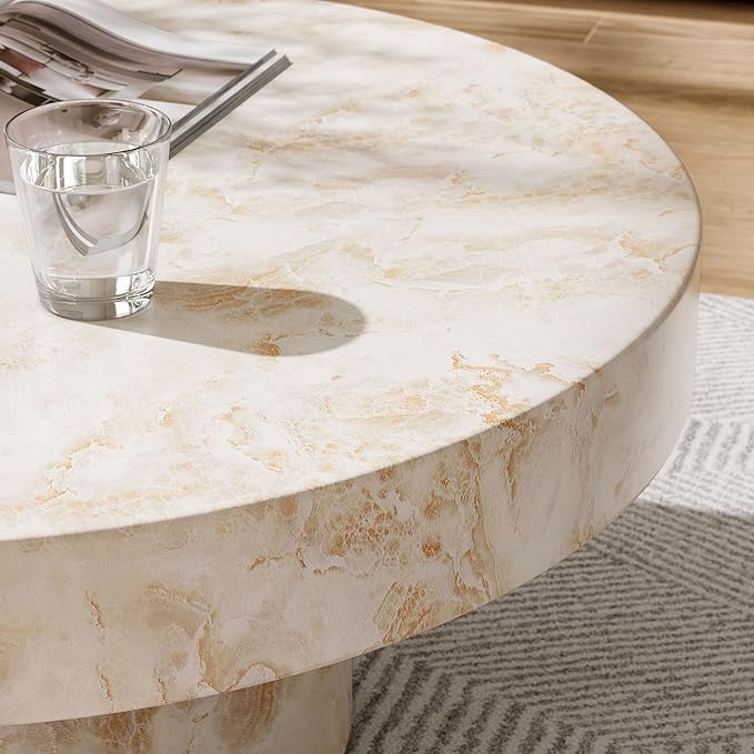 Modway Alora Round Concrete Coffee Table with Faux Stone Finish in Honey Onyx - Cement Accent Table for Living Room - Stone Patio Center Table - Indoor Outdoor 34 Inch Low Coffee Table