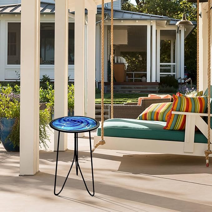 LIFFY Patio Side Table, Small Round End Table, Metal Side Table Outdoor, Small Porch Table for Indoor Balcony Furniture Decor (Blue 12 inch)