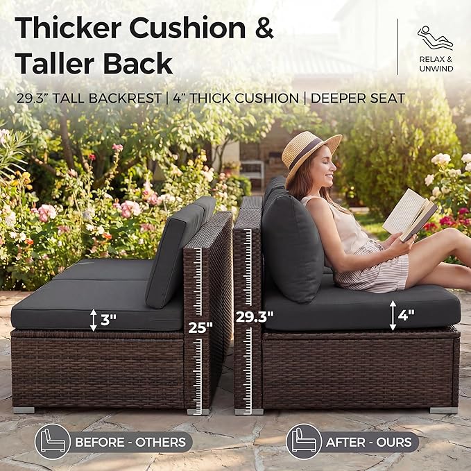 NICESOUL 8 Seater Modern Backyard Furniture Set, 29.3'' High Back Luxury Comfy Brown Wicker Patio Conversation Set with Ottoman, Deep and Wide Sofa Sectional for Exteriors, Dark Brown & Grey
