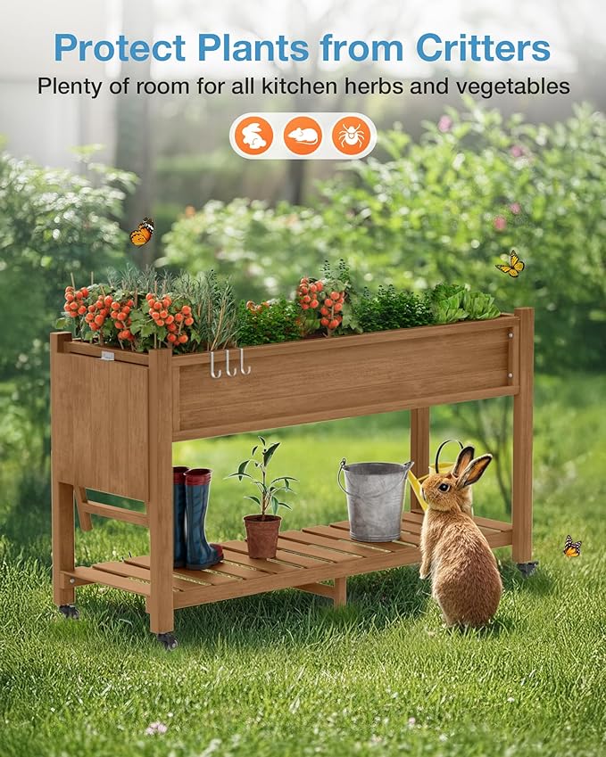 YEFU Raised Garden Bed with Legs: 57x18x30in Elevated Poly Planter with Wheels,Waterproof Mobile Raised Bed Garden, Elevated Planter Box Stand with Storage Shelf,for Herb,Carrot,Tomato (Teak,4pcs)