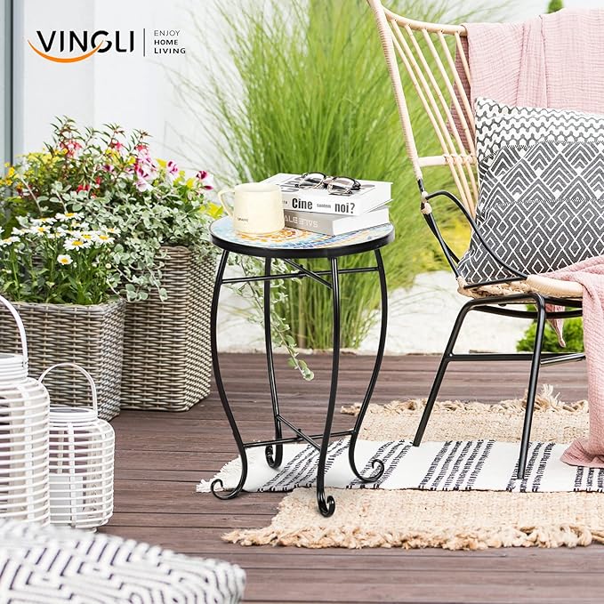VINGLI Mosaic Accent Table, 14" Round Side Table,End Table, Plant Stand Decor for Patio Porch Beach Theme Balcony Back Deck Pool Indoor Outdoor Coffee, Metal Cobalt Glass Top Black Iron(Blue Hawaii)