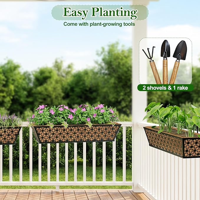 SPECILITE 24" Window Boxes Planters, Heavy Duty Metal Railing Planter Boxes, Adjustable Balcony Planters for Railing Hanging, with Coco Liner & Tool Set for Deck, Porch, and Patio Gardening (6 Pack)
