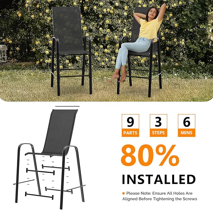 VINGLI Outdoor Bar Chairs Set of 8 – Stackable Outdoor Bar Stools with Sturdy Sling High Back and Armrests for Lawn, Courtyard, Garden, Bar, Black