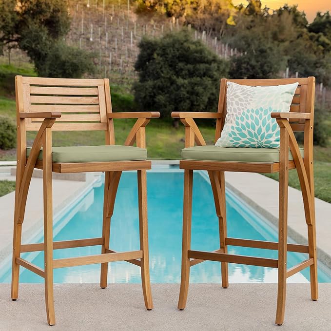 Best Choice Products Set of 2 Outdoor Acacia Wood Bar Stools Bar Chairs for Patio, Pool, Garden w/Weather-Resistant Cushions - Sage
