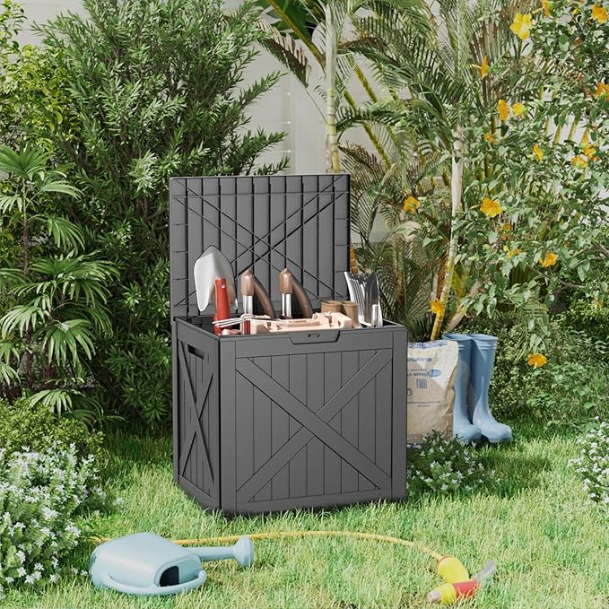 ROJIK Outdoor Storage Housing Deck Box - Waterproof Patio Furniture, Garden Tools, Cushions, Pool Accessories Storage Bench with Lockable Lid and Side Handles (Black 38 Gal)