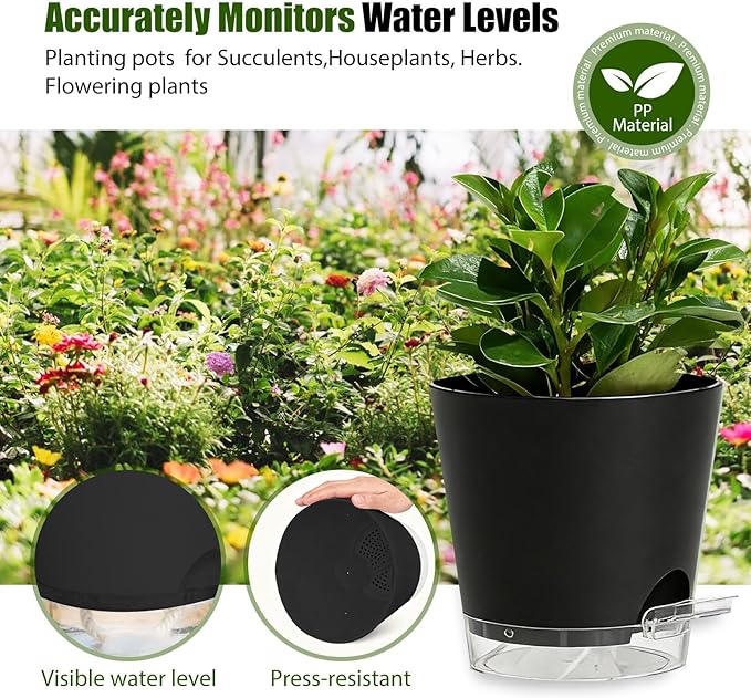 Plant Pots 4/5/5.5/6/6.5/7 Inch Self Watering Pots, 6 Pack Plastic Planters with Drainage Holes and Clear Saucers,Plastic Flower Pots,Nursery Planting Pot for Indoor Out Door Plants(Black)