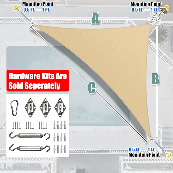 Amgo Custom Size 20' x 20' x 28.3' Beige Right Triangle Sun Shade Sail Order to Make Canopy Awning UPF50+ AGSLT, 95% UV Blockage, Water & Air Permeable, 200GSM Commercial Standard (We Customize)