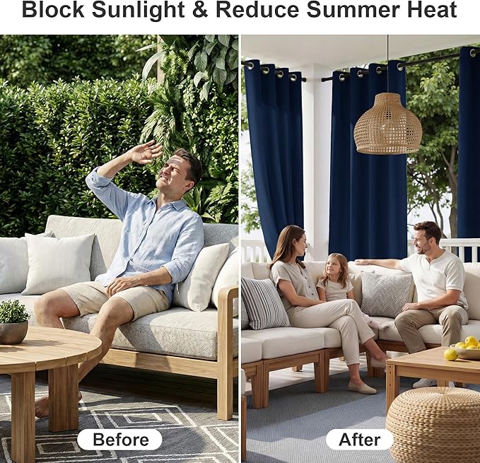 RYB HOME Outdoor Curtains for Patio Waterproof Block Sunlight Thermal Insulated Privacy Assured Thick Outside Curtains for Pergola, Cabana, Gazebo, W52 x L72, Navy Blue, 1 Panel