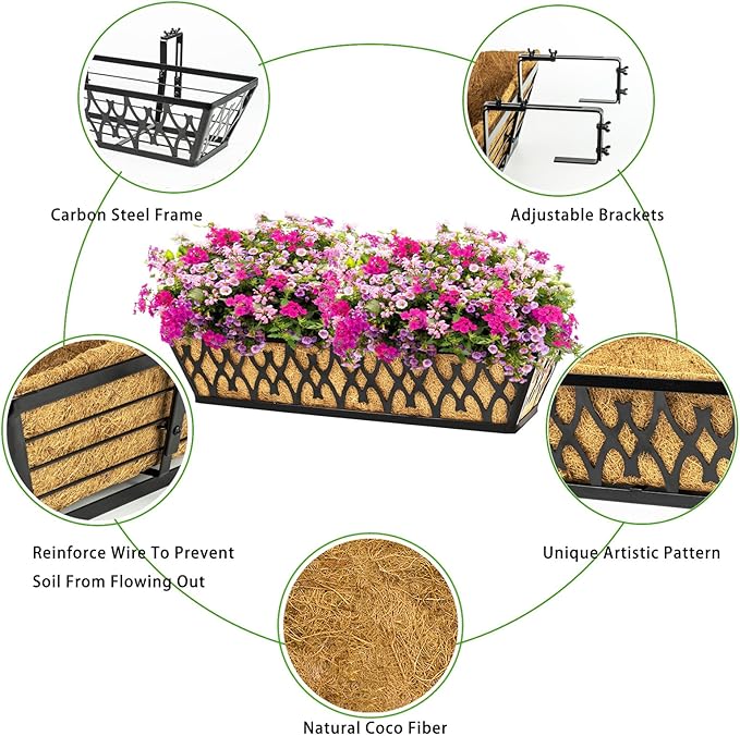 4 Pack 30 Inch Window Boxes Planters Railing Planter Box with Adjustable Brackets for Porch Fence Patio Balcony Hanging Flower Baskets with Coco Liners for Outdoor Garden Decor - Black