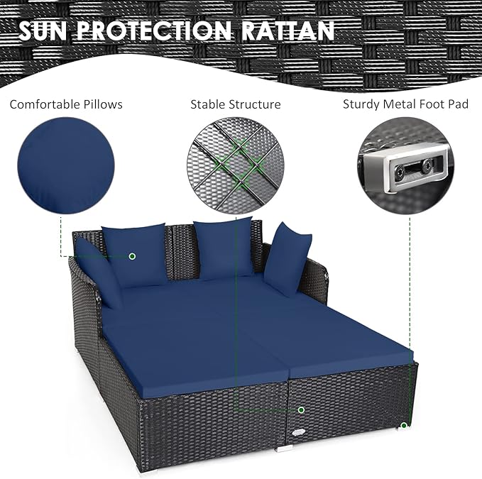 RELAX4LIFE Rattan Patio Outdoor Daybed, Wicker 2-Person Sunbed Loveseat with Soft Cushions, 4 Pillows, Curved Backrest & Armrest, Double Bed Lounger Sofa Set for Balcony Porch, Patio Bed (Navy)