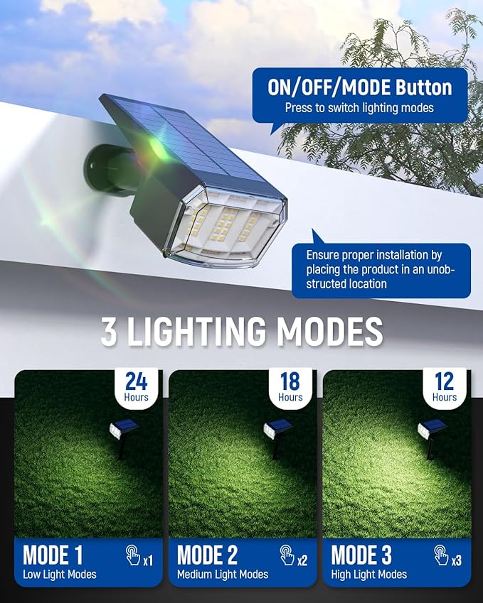Solar Spot Lights Outdoor 63 LED 3 Lighting,Waterproof IP65 Modes Spotlights for Outside House Yard Garden Landscape Lights 1 Pack (Natural Light)