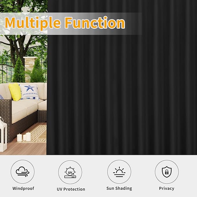 Easy-Going Outdoor Patio Curtains Detachable Tab Top Windproof Weatherproof Curtain for Cabana, Porch, Pergola and Gazebo, Tab Bottom Drape, 2 Panels, 110W x 120L inch, Black