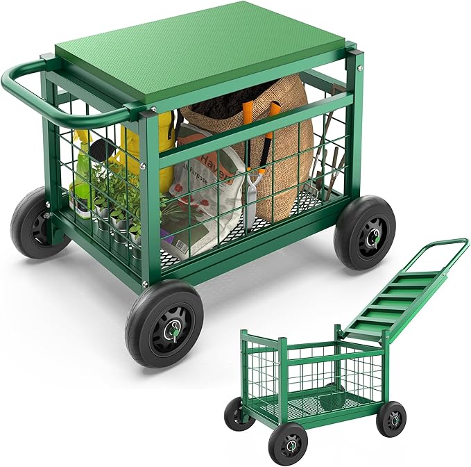 FLINTER Rolling Garden Work Seat with Wheels, Upgraded Heavy Duty Gardenning Cart with Seat - Garden Rolling Stools with Wheels for Seniors, Lawn, Patio & Backyard Gardening, Green
