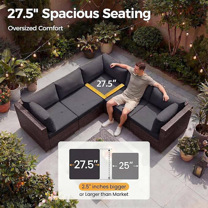 NICESOUL 8 Seater Modern Backyard Furniture Set, 29.3'' High Back Luxury Comfy Brown Wicker Patio Conversation Set with Ottoman, Deep and Wide Sofa Sectional for Exteriors, Dark Brown & Grey