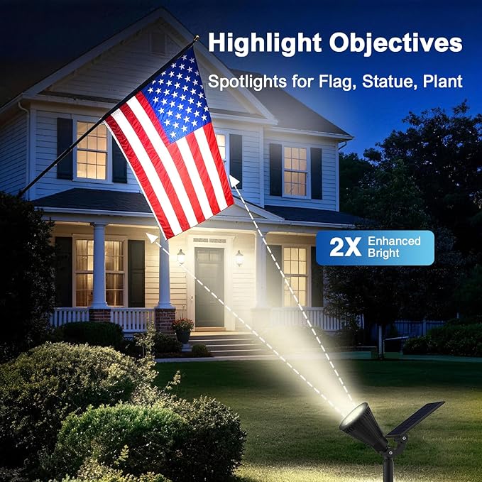 Solar Lights Outdoor Waterproof IP65,6500K Super Bright LED,2 Lighting Modes, Solar Powered Yard Garden Solar Spot Lights for Flag Landscape Auto On/Off-4 Pack