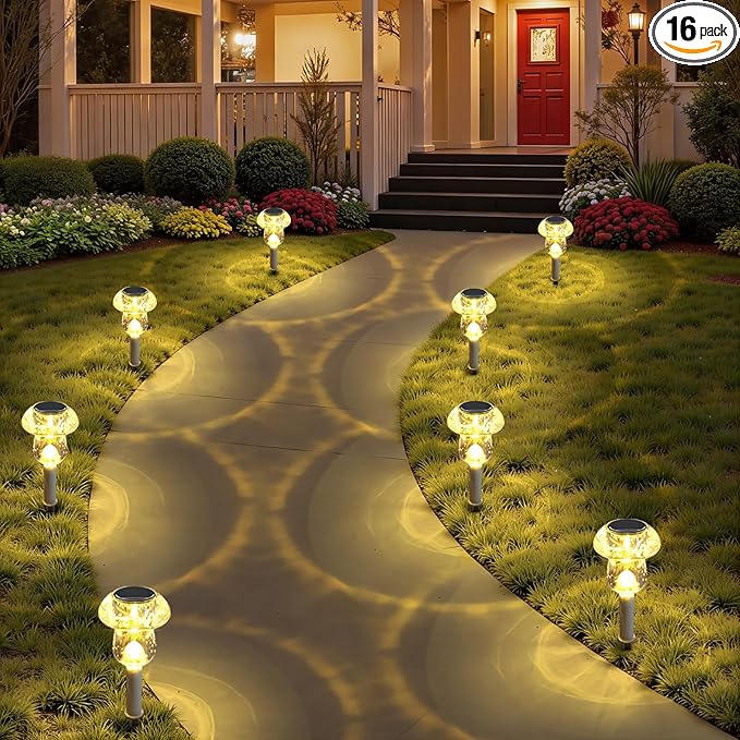 Solar Lights Outdoor, 16 Pack Mushroom Lights Outside Waterproof, Solar Powered LED Lighting for Garden, Yard, Landscape, Path, Pathway, Lawn, Walkway, Driveway, Backyard Decor (Warm White)